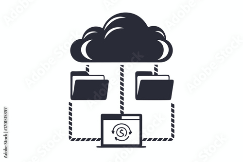 Cloud Data Transfer with Laptop, Folders, and White Background Icon Design