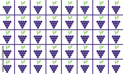 White background vector with repeating grapes and box lines for a healthy food theme background or about fruit ingredients