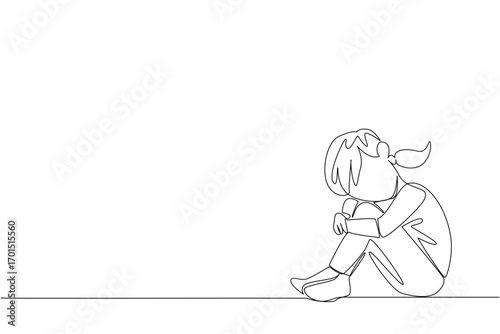 Single continuous line drawing girl sitting with bent legs and crossed arms. Loneliness. Silence. Lonely. Empty. Mentally tired. Childhood Depression Awareness Day. One line design vector illustration