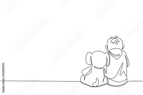 Single one line drawing boy sitting bowed on the floor accompanied by elephant doll. Loneliness is sadness. Alone. Childhood Depression Awareness Day. Continuous line design graphic illustration