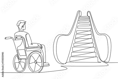 Single continuous line drawing a man sitting in a wheelchair and looking up at the escalator. Facing significant difficulties. National Barrier Awareness Day. One line design vector illustration