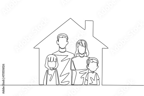 Single one line drawing father, mother, son, daughter in the house. Best care for children is from both parents. The best love. National Foster Care Day. Continuous line design graphic illustration