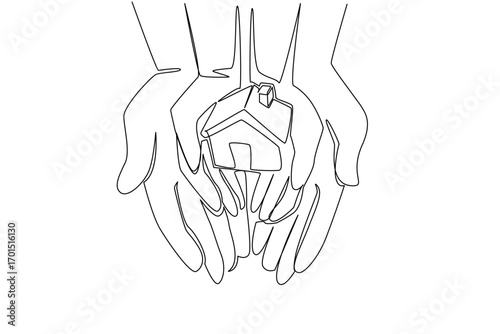 Continuous one line drawing the miniature house on the palm of the hand. The dream of providing the best care in the best home. National Foster Care Day. Single line draw design vector illustration