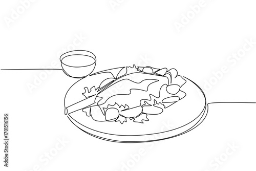 Single one line drawing roast leg lamb with potato and tomato slices. Very delicious juicy meat. A filling meal for dinner. National Roast Leg of Lamb. Continuous line design graphic illustration