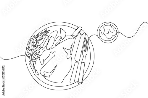 Single continuous line drawing roast leg lamb on round wooden chopping board. Restaurant dishes ready to be served to consumers. Tasty. National Roast Leg of Lamb. One line design vector illustration