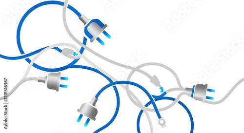 Tangled Electrical Cords with Blue and White Plugs on White Background