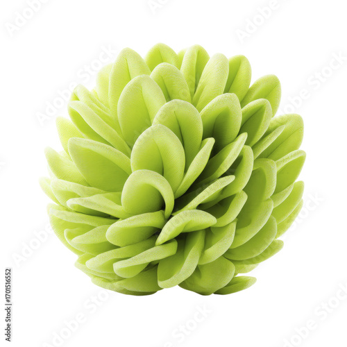 A tightly packed spherical cluster of lime green leaves or petals exhibiting organic growth and textured surfaces