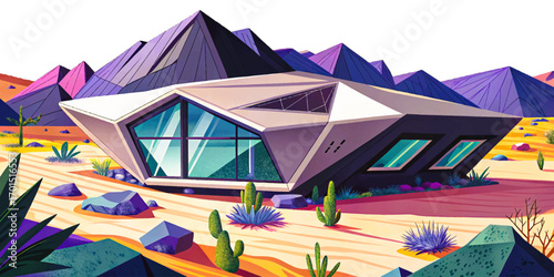 Pentagon shaped futuristic villa in volcanic desert, bold geometry merging resilience and innovation