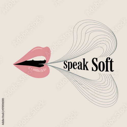 Open lips speaking softly with wavy lines representing sound and whispers on a light background vector