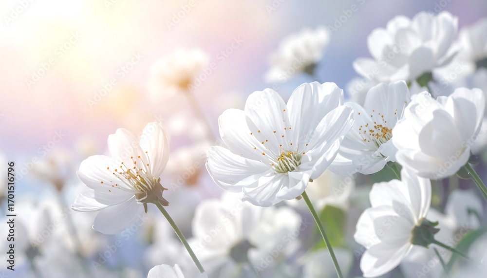 Fototapeta premium A field of delicate, white flowers bathed in soft sunlight, showcasing a serene and peaceful spring scene.