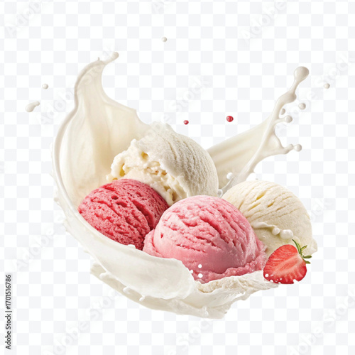 realistic creamy vanilla and strawberry ice cream scoops with milk splash isolated on transparent background