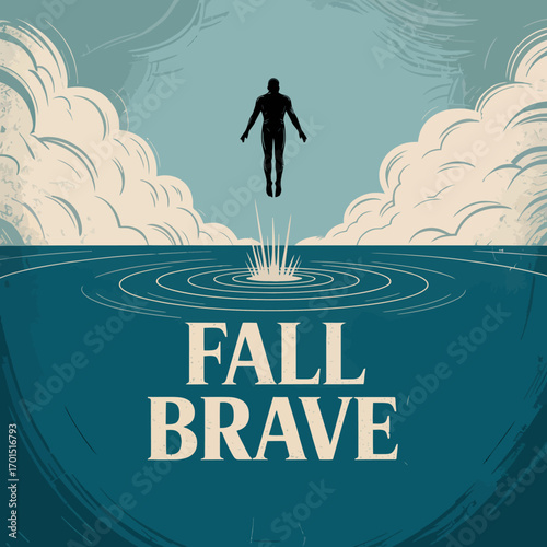 Figure ascends from calm waters towards wispy clouds symbolizing leap of faith courage and transformation journey vector