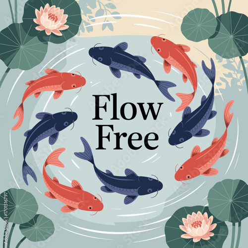 Serene koi fish swim harmoniously in a tranquil pond surrounded by lush lotus flowers and leaves zen water garden scene vector