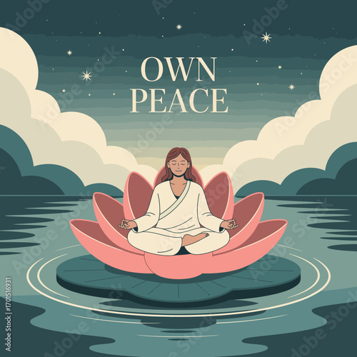 Serene woman meditating in a lotus flower on calm water under a starry night sky fostering inner peace and mindfulness for a tranquil mind vector