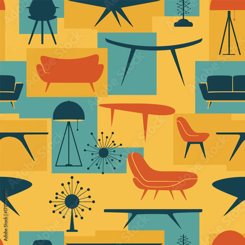 Mid-century modern furniture pattern design with retro sofas, chairs, and tables on a yellow background, patern seamless, Stock royalty.