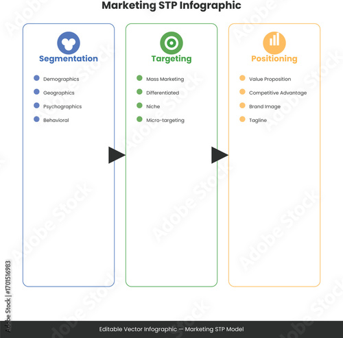 Marketing S T P Infographic Segmentation Targeting Positioning Flowchart with Icons and Text