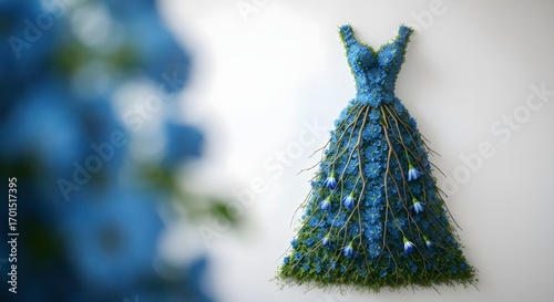 Fototapeta Naklejka Na Ścianę i Meble -  Wedding dress made of blue flowers on a mannequin