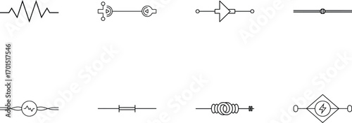 Set of electrical circuit symbols isolated on transparent background