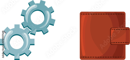 Art & Illustration Two Metal Gears Next to Closed Brown Leather Wallet, Symbols