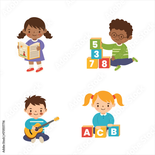Flat Vector Kids Activities – Reading, Playing Blocks, Music and Learning
