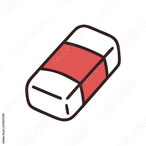 Simple cartoon illustration of a white and red eraser with a thick dark outline on a black background