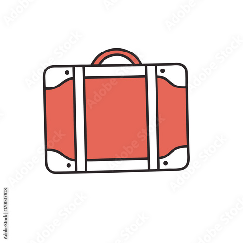 Charming coral colored vintage suitcase with white trim and a black outline on a solid black background