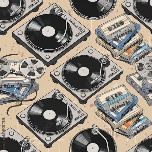 Isometric illustration of turntables, cassette tapes, and reel-to-reel tapes in a seamless pattern, patern seamless, Stock royalty image.