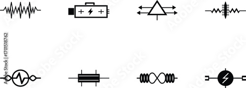 Collection of electrical circuit symbols isolated on transparent background, including battery, resistor, fuse, and waveform