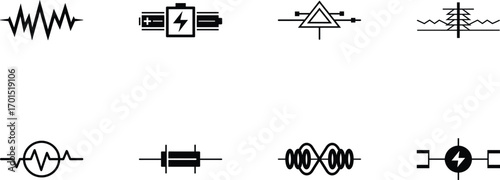 Assortment of electrical schematic symbols isolated on transparent background, representing fundamental circuit elements