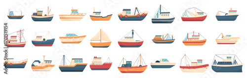 fishing boat icons set cartoon style