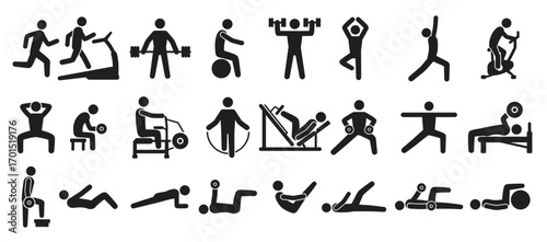 fitness exercise icons sport workout pictograms people.