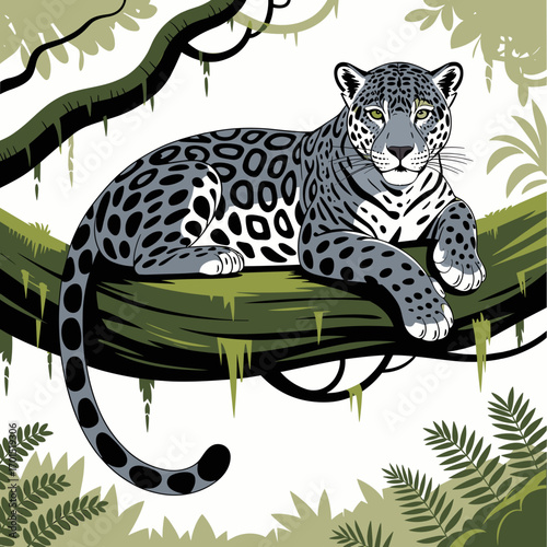 Jaguar Resting on Tree Branch in Tropical Jungle
