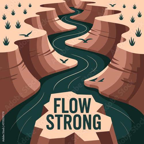 Majestic river carving through grand canyon like landscape inspiring flow strong message amidst nature's grandeur and flying birds vector