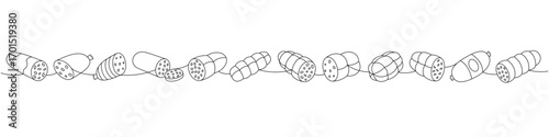 Beef sausages set. Butchery menu one line continuous drawing. Vector illustration.