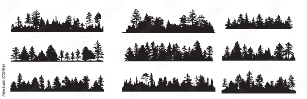 Forest tree silhouettes collection. Pine trees horizontal pattern panorama background. Vector