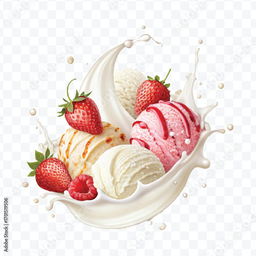 realistic creamy vanilla and strawberry ice cream scoops with milk splash isolated on transparent background