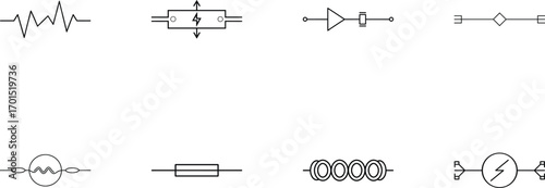 Assortment of electronic circuit symbols such as resistor, transistor, diode, and ammeter isolated on transparent background