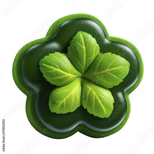 Green organic leaves arranged in a flower shape on a dark background plant