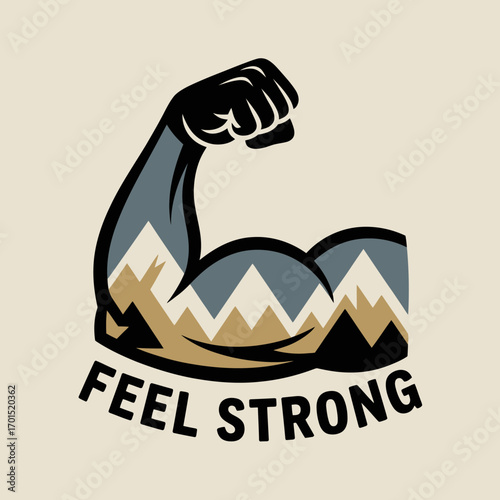 Mighty bicep arm silhouette flexing with mountain landscape inside feel strong text below fitness concept vector
