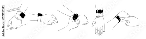 Set of hands wearing smartwatches, black and white line art style. Vector illustration isolated on transparent background, perfect for technology, fitness, and wearable device designs.