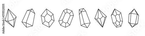Outline crystals. Gems of different shapes. Gemstones, amethyst, ruby, sapphire, emerald, topaz and quartz. Vector illustration