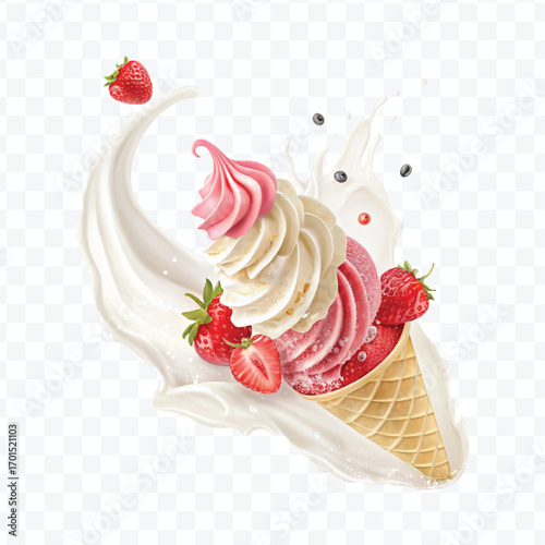 realistic creamy vanilla and strawberry ice cream scoops with milk splash isolated on transparent background