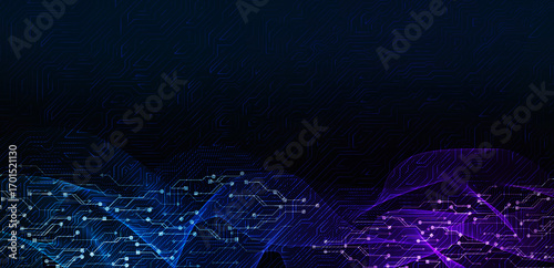 Futuristic technology background with abstract digital circuit wave, glowing blue and purple neon lines, perfect for AI, cybersecurity, big data, and innovative tech design projects.
