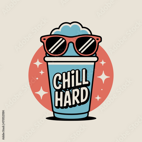 Retro slush drink icon with sunglasses and stars cool refreshment beverage for summer vibes and fun vector