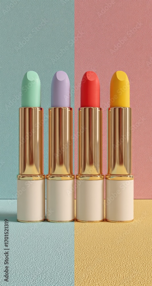 Obraz premium Four colorful lipsticks in pastel shades, gold packaging, on a two-tone background
