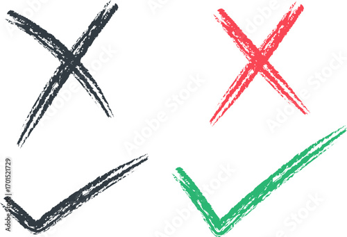 Hand drawn check mark and x symbols for approval and rejection