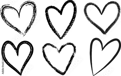 Hand drawn chalk heart icons set black and white brush strokes