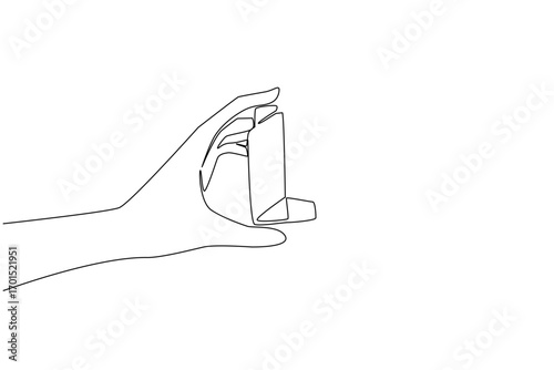 Continuous one line drawing hand holding asthma inhaler. First aid aids help prevent asthma in small sizes. Helps provide fresh air. World Asthma Day. Single line draw design vector illustration