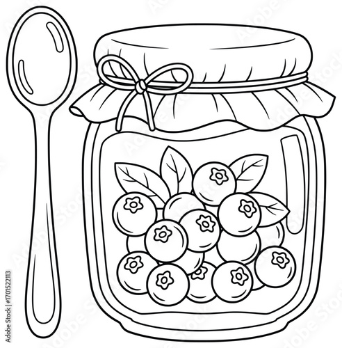 Blueberries vector illustration of fresh berries inside a jar with decorative cover and spoon in clean outline style perfect for jam recipes, food packaging concepts, and healthy eating projects