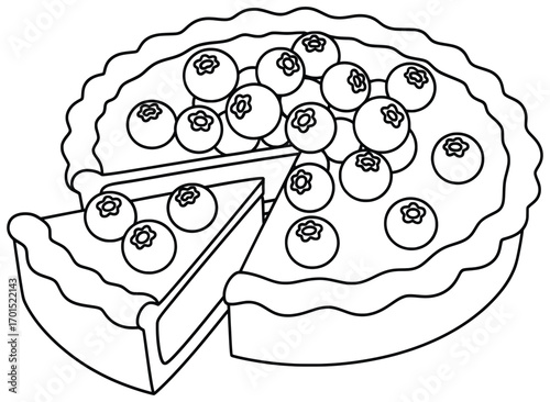 Blueberries vector illustration of a pie with a slice cut out topped with fresh berries in clean black and white outline style perfect for dessert menus, bakery design, and culinary creative projects